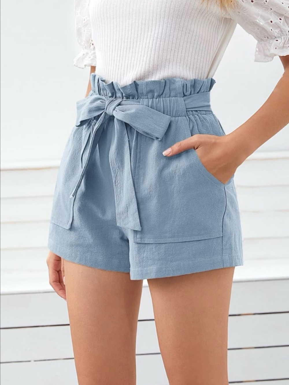 LC Lauren Conrad Blue Paperbag Waist‎ Belted Shorts Size M